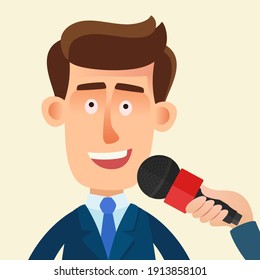 A young and confident businessman is giving an interview. Interviewed politician. Reportage and news on tv. Vector illustration, flat design, cartoon style, portrait.