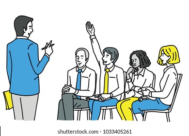 Young confident businessman, raising hand to ask question at workshop or training. Diversity, multi-ethnic. Outline, linear, thin line art, hand drawn sketch design. 