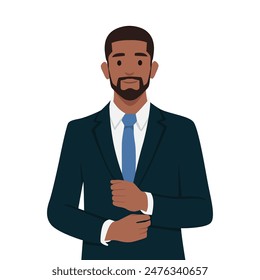 Young confident businessman in suit and tie feel successful and motivated. Flat vector illustration isolated on white background