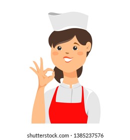 Young confident chef woman in uniform gesturing ok sign with her hand. Vector illustration on white background