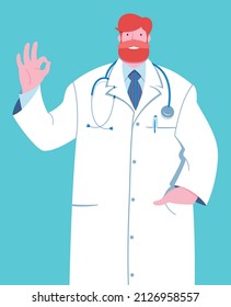 Young confident doctor in cartoon style making ok sign. Okay hand gesture.