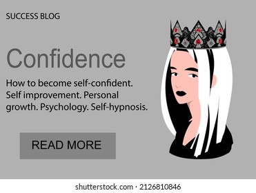 A young and confident girl with a crown on her head. Successful woman. Success website template.Vector flat illustration.