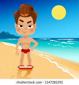 Young confident guy stands in swimming trunks on the background of the sandy beach of the sea. Vector illustration. Cartoon character.