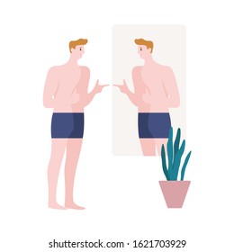 Young confident man looking in mirror flat vector illustration. Bodypositive, love yourself. Self appreciation and acceptance concept. Male cartoon character standing in underwear isolated on white.