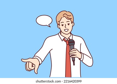 Young confident man with microphone make speech in front of audience. Smiling male speaker or coach with mic talk or make presentation. Vector illustration. 