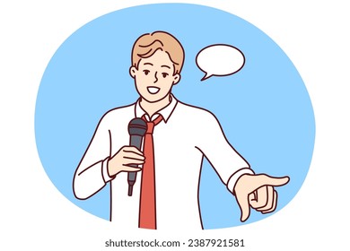 Young confident man with microphone make speech in front of audience. Smiling male speaker or coach with mic talk or make presentation. Vector illustration.