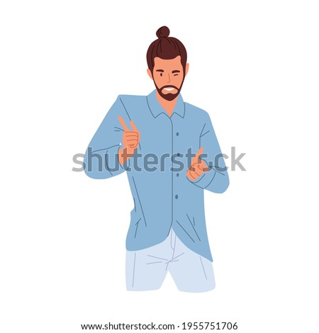 Young confident man winking and pointing with fingers. Portrait of seductive smiling guy flirting and seducing. Colored flat vector illustration of charming character isolated on white background.