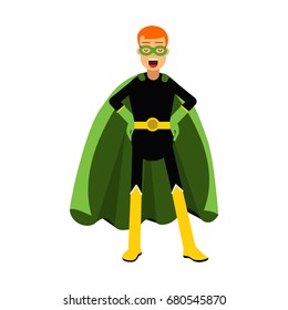 Young confident redhead man in classic superhero costume and a green cape vector Illustration