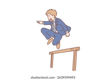Young confident smiling businessman jumping over obstacle meaning gaining goals and good motivation. Overcoming obstacles and leadership concept. Hand drawn style vector design illustrations.