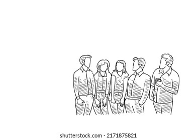 Un equipo joven y seguro de sí mismo que se está uniendo. Concepto de negocios dibujado a mano. Diseño de ilustración vectorial.