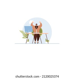 Young confident successful employee business man sit work at office desk use pc laptop point thumb finger on herself. Vector illustration.