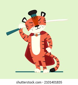 Young confident tiger warrior samurai with sword. Vector flat illustration.