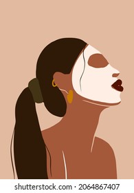 Young confident woman with beauty white mask on brawn skin. Fashion female illustration. Beautiful abstract modern female profile with hairstyle and accessories. 