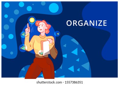 Young confident woman holding papers organizing geometric figures placed in space around her