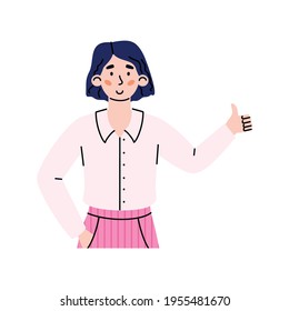 Young confident woman holding thumb up, cartoon vector illustration isolated.