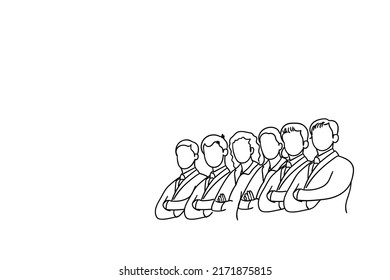 Young and confident working colleagues stand shoulder by shoulder crossing their arm together. Hand drawn vector illustration design.