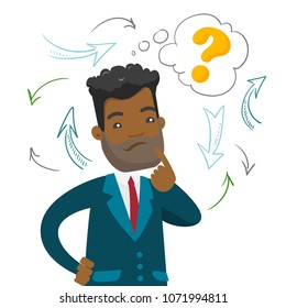 Young confused african-american businessman thinking while standing under question mark and arrows. Business thinking concept. Vector cartoon illustration isolated on white background. Square layout.