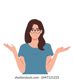 Young confused beautiful woman shrugging shoulders in bewilderment, doubting and feeling uncertain. Flat vector illustration isolated on white background