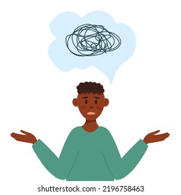 Young confused black man in cartoon flat style. Concept of confusion, difficult choices, confused thoughts, not knowing what to do. Vector illustration of upset male character.