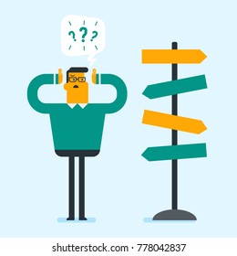 Young confused caucasian white businessman thinking about solution of business problem while standing near the road sign with a lot of arrows symbolizing business solution. Vector cartoon illustration