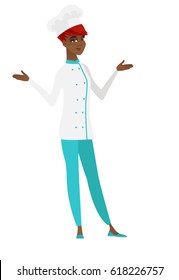 Young confused chef cook with spread arms. Full length of african-american confused chef cook. Confused chef cook shrugging her shoulders. Vector flat design illustration isolated on white background.