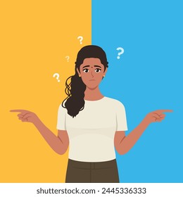 Joven confundida dudosa mujer de pie y elegir entre dos colores o formas que apuntan en dos lados. Ilustración vectorial plana aislada sobre fondo blanco