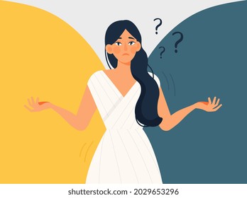 Young confused female character is standing and choosing between two colors on colorful background. Concept of choice, thinking, doubt, problem. Flat cartoon vector illustration