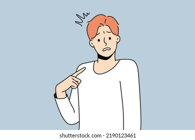 Young confused man point at himself feel insecure and frustrated. Male pointing at self wonder who. Frustration and self-confidence. Vector illustration. 