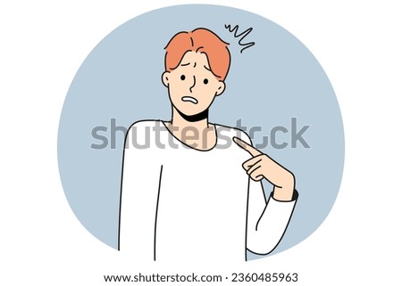 Young confused man point at himself feel insecure and frustrated. Male pointing at self wonder who. Frustration and self-confidence. Vector illustration.