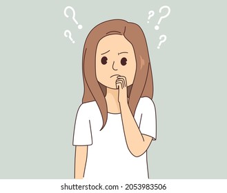 Young confused woman feeling frustration, doubt, having no idea concept standing and expressing uncertainty with difficult situation trying to find solution thinking