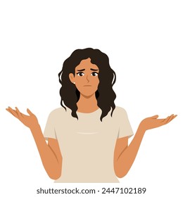 Young confused woman shrugging shoulders in bewilderment, doubting and feeling uncertain. Flat vector illustration isolated on white background