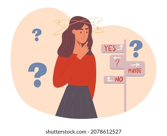 Young confused woman is standing and expressing frustration. Concept of frustration, doubt, having no idea. Girl with difficult situation trying to find solution. Flat cartoon vector illustration