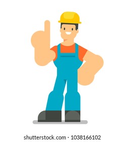 Young construction worker have a good idea. Vector illustration isolated on white background. Flat character design.
