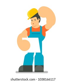 Young construction worker thinking. Vector illustration isolated on white background. Flat character design.