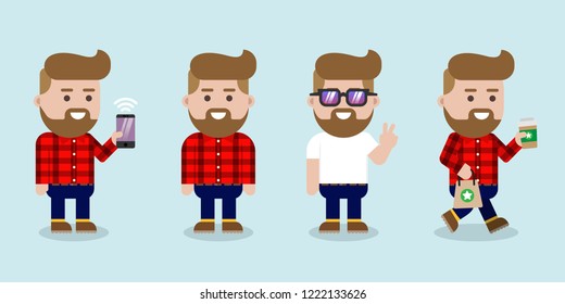 Young contemporary hipster man character. Set of happy and relaxed character illustrated in fashion in 4 different activities and positions.