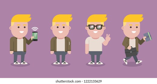Young contemporary hipster man character. Set of happy and relaxed character illustrated in fashion in 4 different activities and positions.