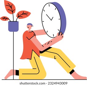 Young contemporary worker holding big clock and checking time, ready for work. Time management efficiency. Good business process. Vector illustration in blue and yellow colors
