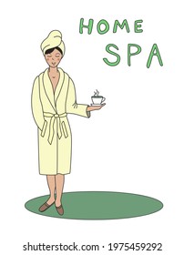 A young, contented woman in a bathrobe drinks tea after taking a spa treatment. Vector illustration isolated on a white background.