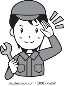 Young contractor man saluting with a spanner