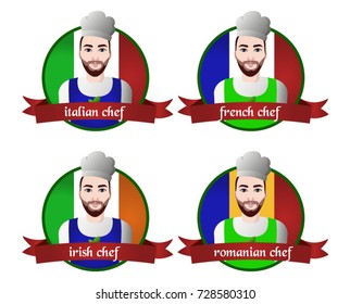 Young Cook With Chef Hat and Country Flag Background National Cuisine Small Cafe Logo 