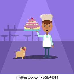 Young cook keeps railing with cake vector illustration cartoon style