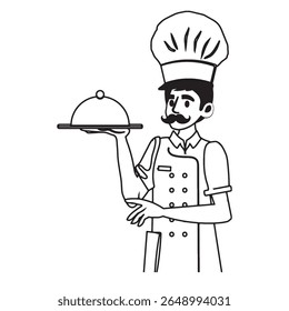 young cook in line and contour style, vector illustration