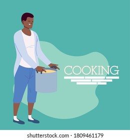 Young cook man with a big pot on green background vector illustration design