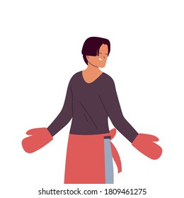 Young cook man with gloves and red apron on white background vector illustration design