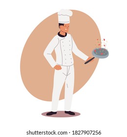 young cook with uniform and frying pan in hand vector illustration design