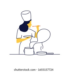 Young cooker in the kitchen. 
Chef cooking. Flat illustration. 