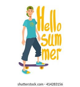 Young cool boy skateboarder stand in cap and shorts with skateboard. Lettering frase "Hello summer". Teen and text message. Extreme sport, lifestyle, active leisure. Vector flat isolated cartoon.