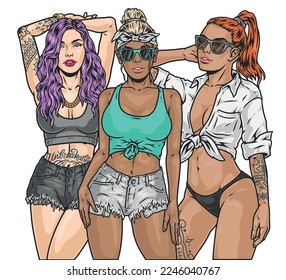 Young cool girls colorful sketch models tanned on sunny beach stand in shorts or panties for summer walks vector illustration