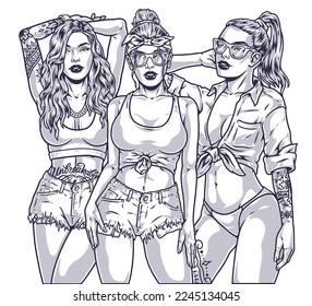 Young cool girls emblem monochrome tattooed cocky models posing for magazine in shorts and tank top or panties vector illustration