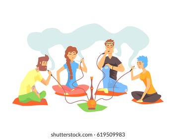 Young Cool Hipsters Smoking Hookah Sitting On The Floor Illustration With Smokers And Vapers